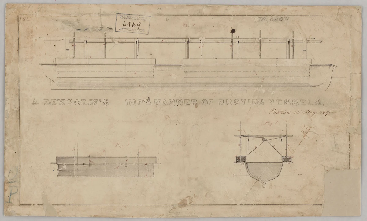 Ink drawing of a riverboat with long air chambers fixed along its sides, titled A Lincoln&rsquo;s Imp&rsquo;d Manner of Buoying Vessels, Patented 22d May 1849.