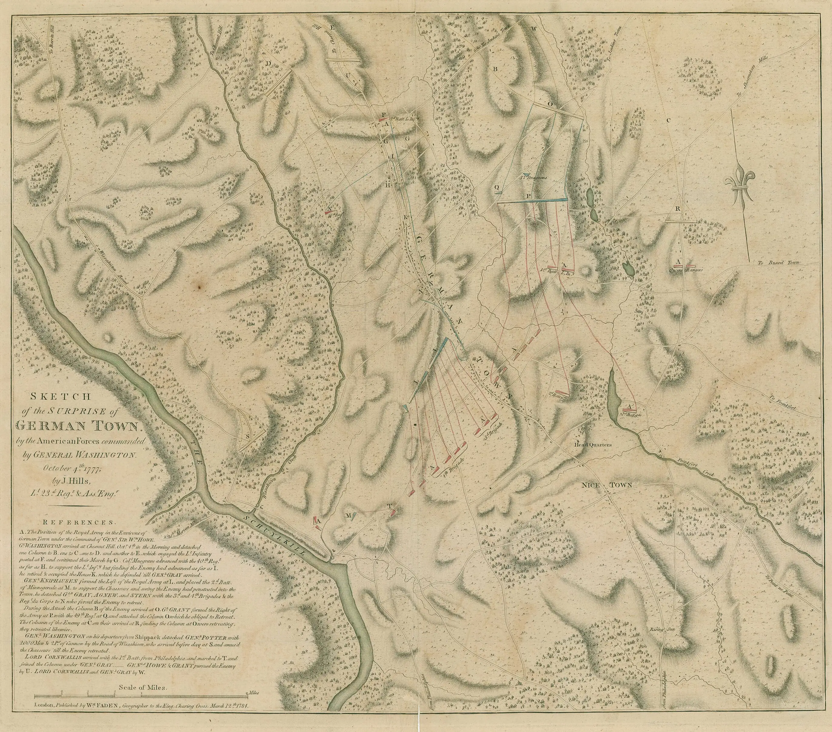 Hand-colored 1784 map of the Battle of Germantown, full size.